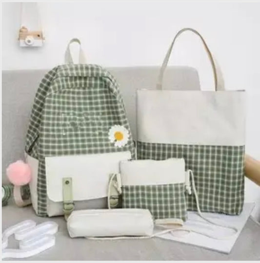 Green and Cream Check 4 piece backpack set